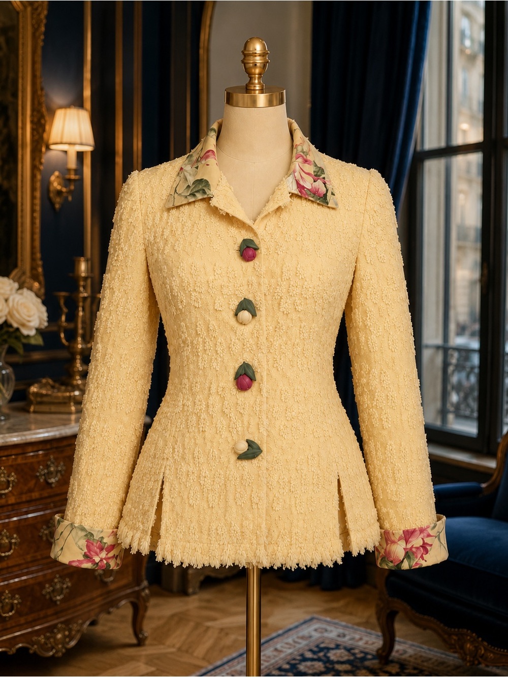 Cream Bouclé Floral-Trimmed Tailored Blazer